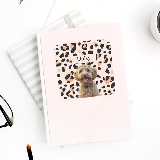 Aangepaste Leopard Print Hondenfoto met naam Vierkante Sticker