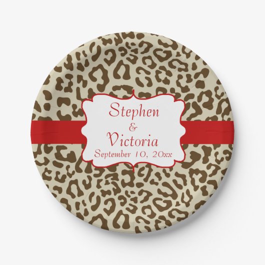 Aangepaste Leopard Print Tan en Red Paper Borden Papieren Bordje (Voorkant)