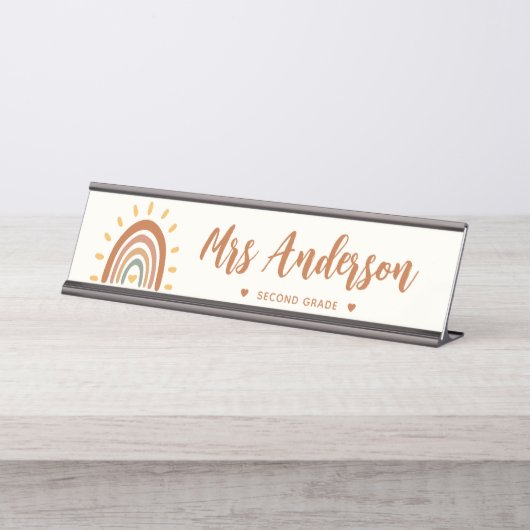 Aangepaste leraar naam Grade Boho Rainbow Sun Bureau Naambordje (Voorkant)