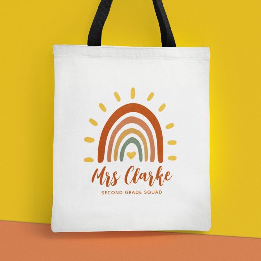 Aangepaste leraar naam Grade Boho Rainbow Sun Tote Bag