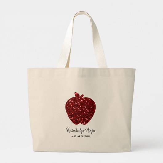 Aangepaste lerarennaam Red Apple Faux Glitter Grote Tote Bag (Achterkant)