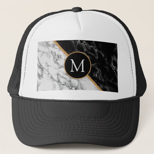 Aangepaste Letter Trucker Hat Black White Marmer Pet (Voorkant)