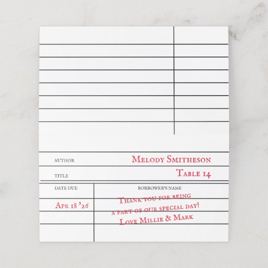 Aangepaste Library Checkout Kaart Tafel Zitplaatse Klantenkaartje (Buitenkant ongevouwen)