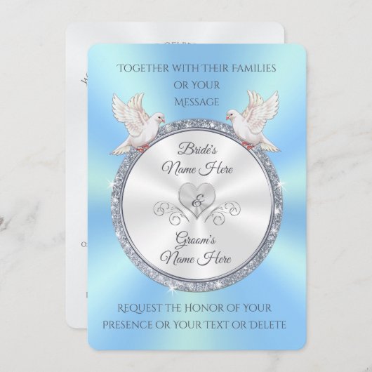 Aangepaste lichtblauwe en witte bruiloft-uitnodigi kaart (Voorkant / Achterkant)