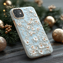 Aangepaste Lichtblauwe Geborduurde Bloemen Motivat Case-Mate iPhone 14 Pro Hoesje