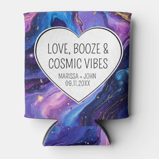 Aangepaste liefde, drank en kosmische vibes bruilo blikjeskoeler (Voorkant)