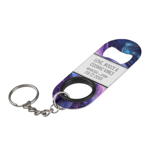 Aangepaste liefde, drank en kosmische vibes bruilo mini flessenopener (Voorkant Gekanteld)