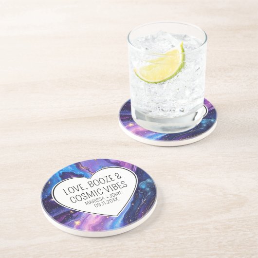 Aangepaste liefde, drank en kosmische vibes bruilo zandsteen onderzetter (Zijkant)