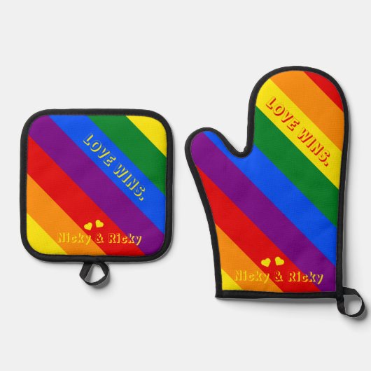 Aangepaste 'Liefde wint.' LGBT Rainbow Flag Pride  Ovenwant & Pannenlap Set (Voorkant)