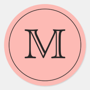 Aangepaste LIGHT PEACH Black Monogram Letter-zegel Ronde Sticker