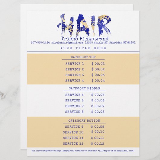 Aangepaste lijst met serviceprijzen voor kleurenha briefhoofd (Voorkant / Achterkant)