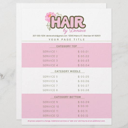 Aangepaste lijst met serviceprijzen voor kleurenha briefhoofd (Voorkant / Achterkant)