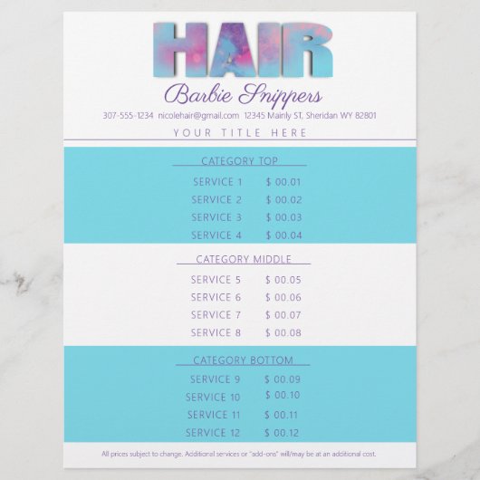 Aangepaste lijst met serviceprijzen voor kleurenha briefhoofd (Voorkant)