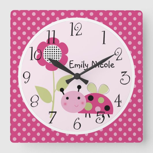 Aangepaste lil Little Ladybug Nursery Clock Vierkante Klok (Voorkant)