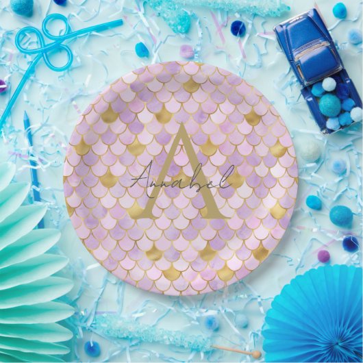 Aangepaste Lila en Gold Mermaid Scales Papieren Bordje (Feest)