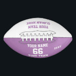 Aangepaste liliac Football met Naam, Nummer, Team<br><div class="desc">Creëer uw eigen aangepaste liliac paarse Football met naam, nummer, teamnaam, slogan en jaar. Personaliseer deze eenvoudige klassieke football sjabloon met uw aangepaste bericht, naam, teamnaam en jaar. Personaliseer het gemakkelijk voor een coole sport-herinnering. Creëer uw unieke gepersonaliseerde cadeau voor coach, verjaardag van het meisje, football speler, teamgenoten en vrienden....</div>