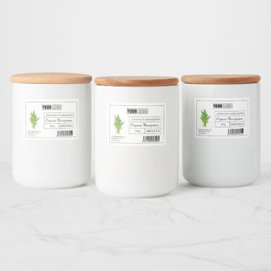 Aangepaste Logo & Barcode Arugula Microgreens Voedselcontainer Etiket (Flessen)