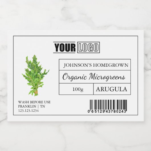 Aangepaste Logo & Barcode Arugula Microgreens Voedselcontainer Etiket (Enkel label)