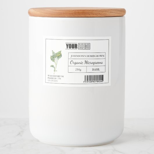Aangepaste Logo & Barcode Basil Microgreens Voedselcontainer Etiket (Voorkant)