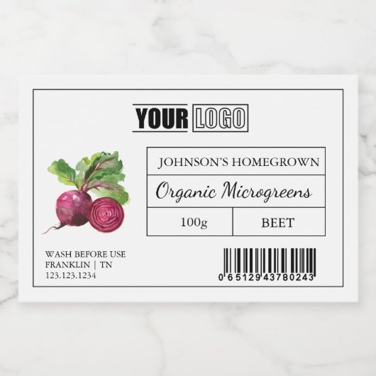 Aangepaste Logo & Barcode Beet Microgreens Voedselcontainer Etiket (Enkel label)