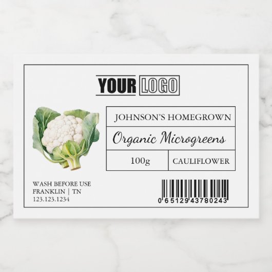Aangepaste Logo & Barcode Bloemkool Microgreens Voedselcontainer Etiket (Enkel label)