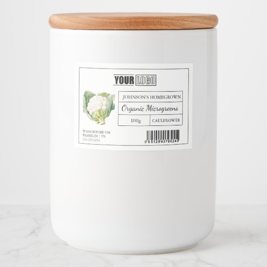 Aangepaste Logo & Barcode Bloemkool Microgreens Voedselcontainer Etiket (Voorkant)
