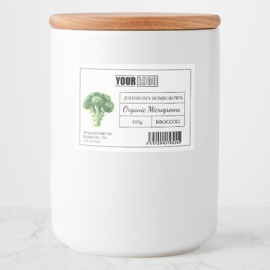 Aangepaste Logo & Barcode Broccoli Microgreens Voedselcontainer Etiket (Voorkant)