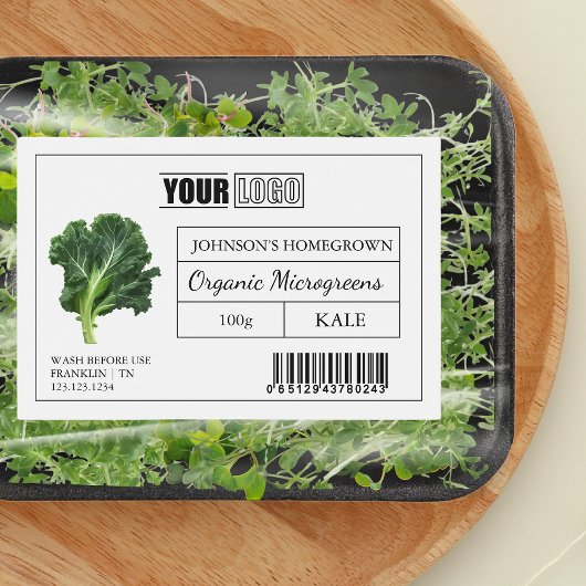 Aangepaste Logo & Barcode Kale Microgreens Voedselcontainer Etiket
