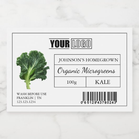 Aangepaste Logo & Barcode Kale Microgreens Voedselcontainer Etiket (Enkel label)