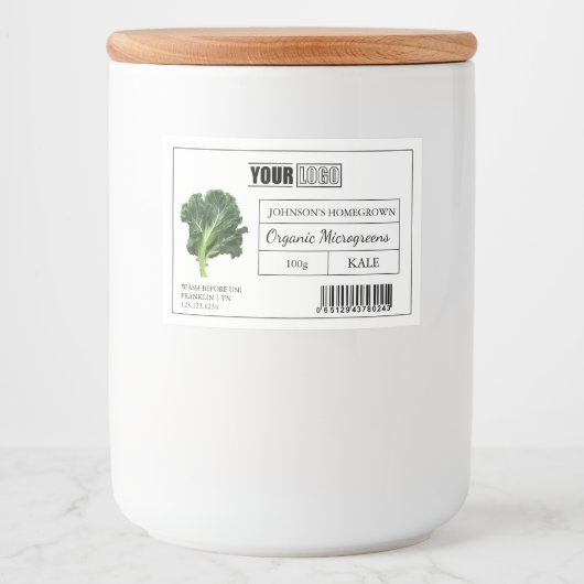 Aangepaste Logo & Barcode Kale Microgreens Voedselcontainer Etiket (Voorkant)