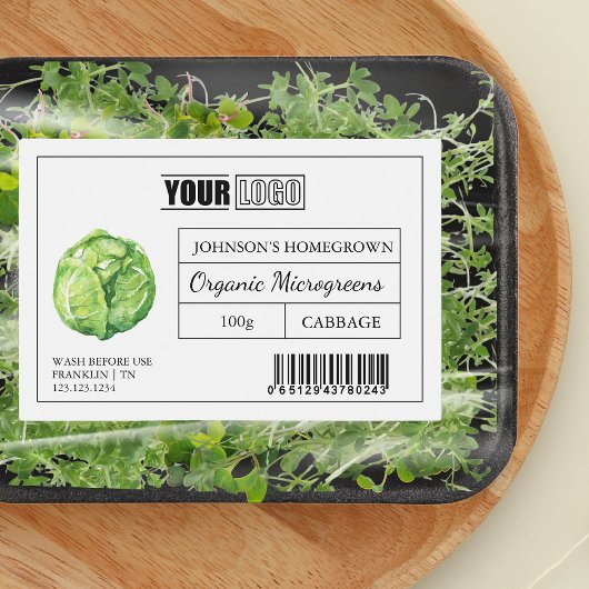 Aangepaste Logo & Barcode Kool Microgreens Voedselcontainer Etiket