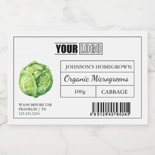Aangepaste Logo & Barcode Kool Microgreens Voedselcontainer Etiket (Enkel label)