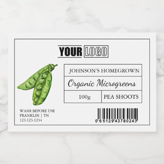 Aangepaste Logo & Barcode Pea Shoot Microgreens Voedselcontainer Etiket (Enkel label)