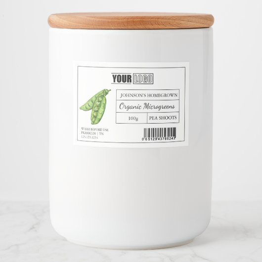 Aangepaste Logo & Barcode Pea Shoot Microgreens Voedselcontainer Etiket (Voorkant)