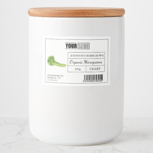 Aangepaste Logo & Barcode Selderij Microgreens Voedselcontainer Etiket (Voorkant)