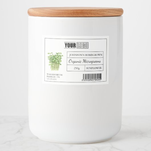 Aangepaste Logo & Barcode Verse Biologische Microg Voedselcontainer Etiket (Voorkant)