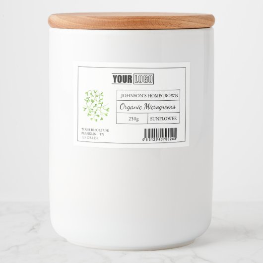 Aangepaste Logo & Barcode Verse Biologische Microg Voedselcontainer Etiket (Voorkant)