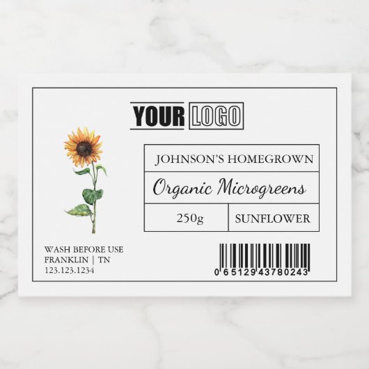 Aangepaste Logo & Barcode Zonnebloem Microgreens Voedselcontainer Etiket (Enkel label)