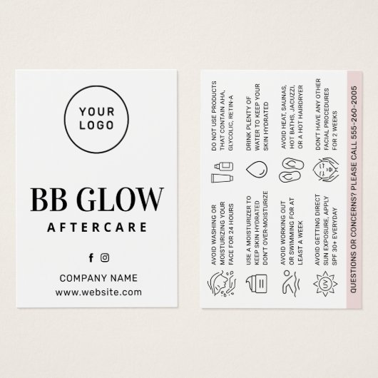 Aangepaste Logo BB Glow Aftercare Kaart (Voorkant /achterkant)