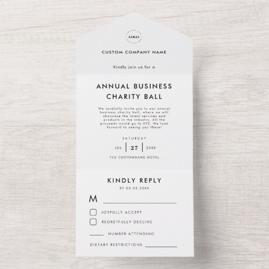 Aangepaste Logo Black White Business Event Party R All In One Uitnodiging (Binnen)