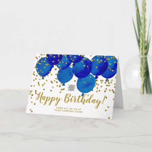 Aangepaste Logo blauwe ballons Gold Confetti Birth Kaart (Voorkant)