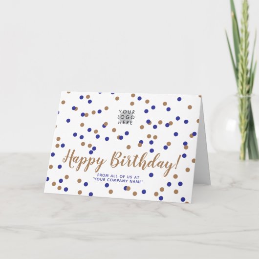 Aangepaste Logo Blue Gold Confetti Happy Birthday Kaart (Voorkant)