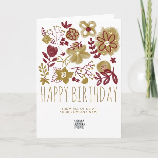 Aangepaste Logo Bourgogne Gold Flowers Happy Birth Kaart (Voorkant)