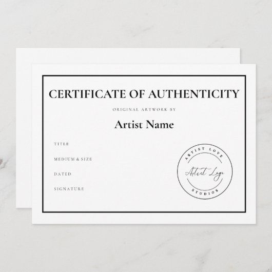 Aangepaste Logo Certificaat van Echtheid voor Kuns Feestdagenkaart (Voorkant / Achterkant)