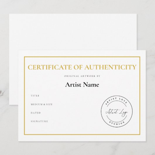 Aangepaste Logo Certificaat van Echtheid voor Kuns Feestdagenkaart (Voorkant / Achterkant)