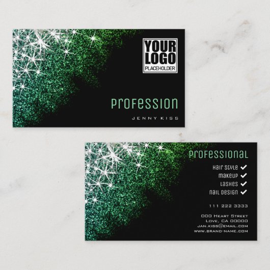 Aangepaste Logo Chic Blauwgroen Glitter Profession Visitekaartje (Voorkant / Achterkant)