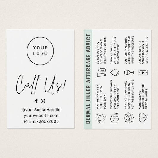Aangepaste Logo Dermal Filler Aftercare Advice Kaa Visitekaartje (Voorkant /achterkant)