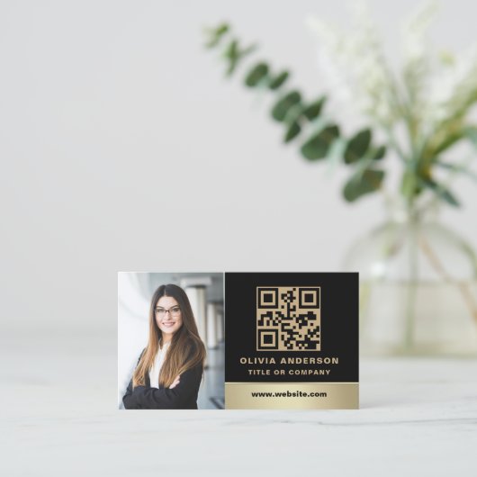 Aangepaste Logo Elegant Zwart Goud QR Code Foto Visitekaartje (Staand voorkant)