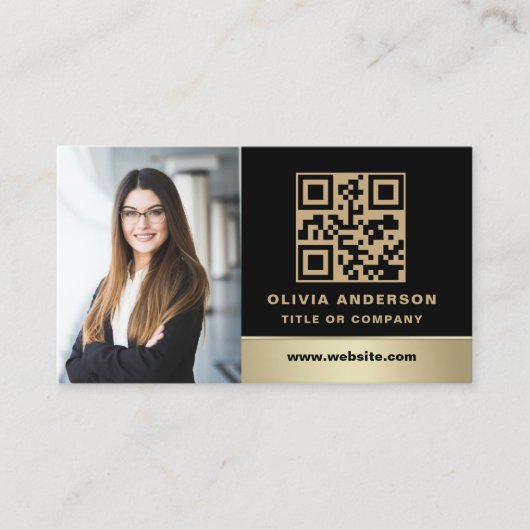 Aangepaste Logo Elegant Zwart Goud QR Code Foto Visitekaartje (Voorkant)