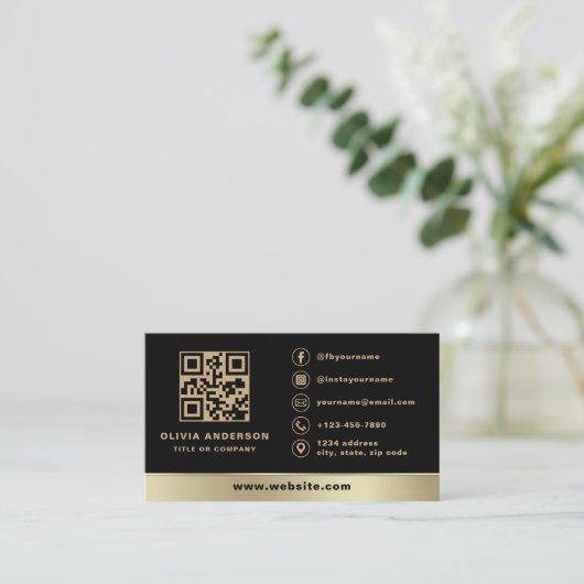 Aangepaste Logo Elegant Zwart Goud QR Code Visitekaartje (Staand voorkant)